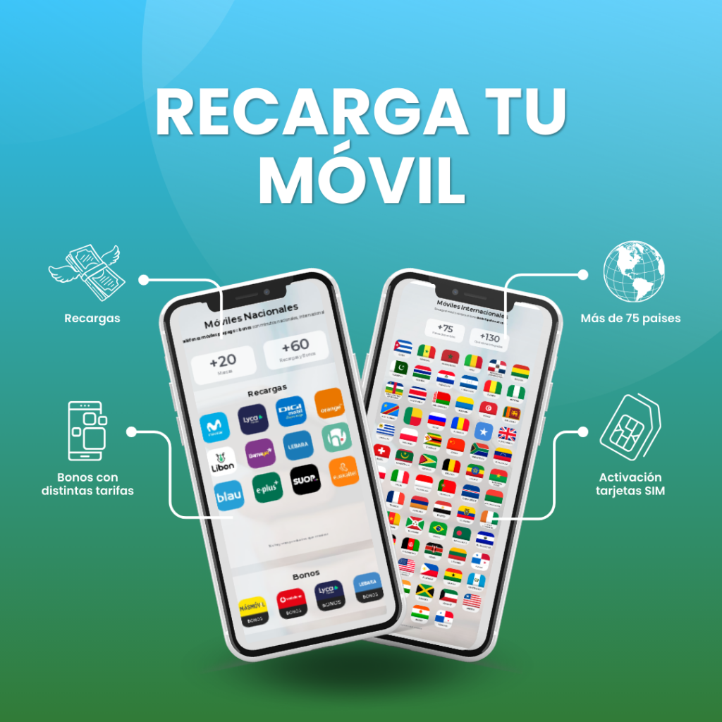 Recarga de teléfonos móviles prepago o bonos con minutos nacionales, internacionales, GB, SMS…